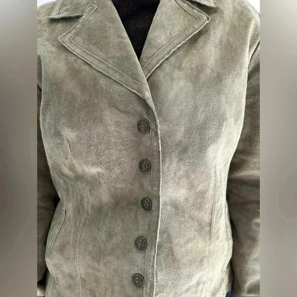 Vintage 100% Leather Suede Olive green snap button jacket blazer sz L - Picture 7 of 10